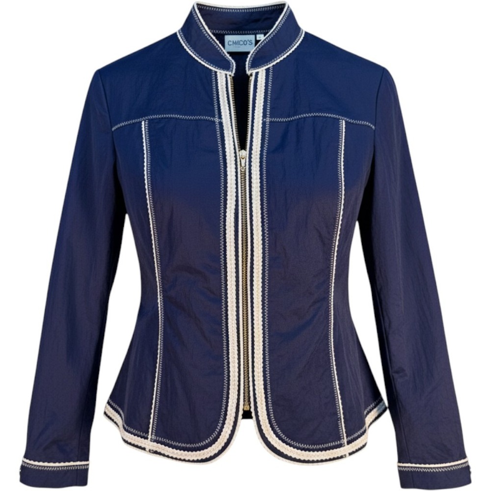 Chicos Navy Blue Nautical Zip Jacket White Rope Trim Size 0 Small